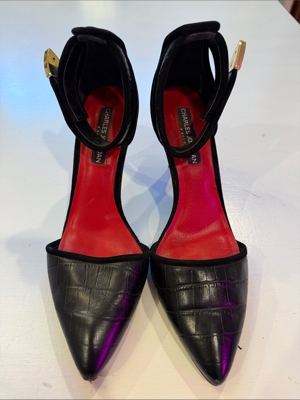 Charles Jourdan Black Croc-Embossed Pointed Ankle-Strap Pumps with Red Insole